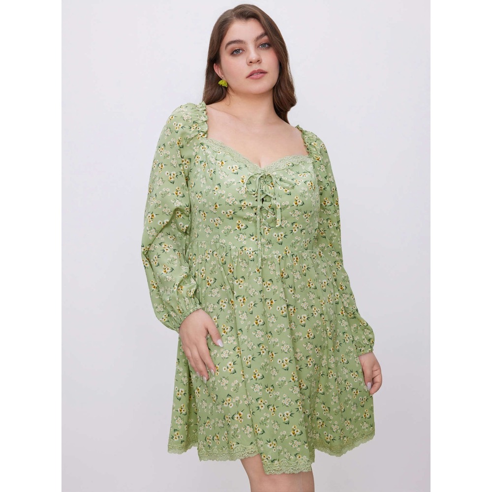 Cider Matcha Green Floral Cottagecore Lace Up Mini Dress 3XL NWT
